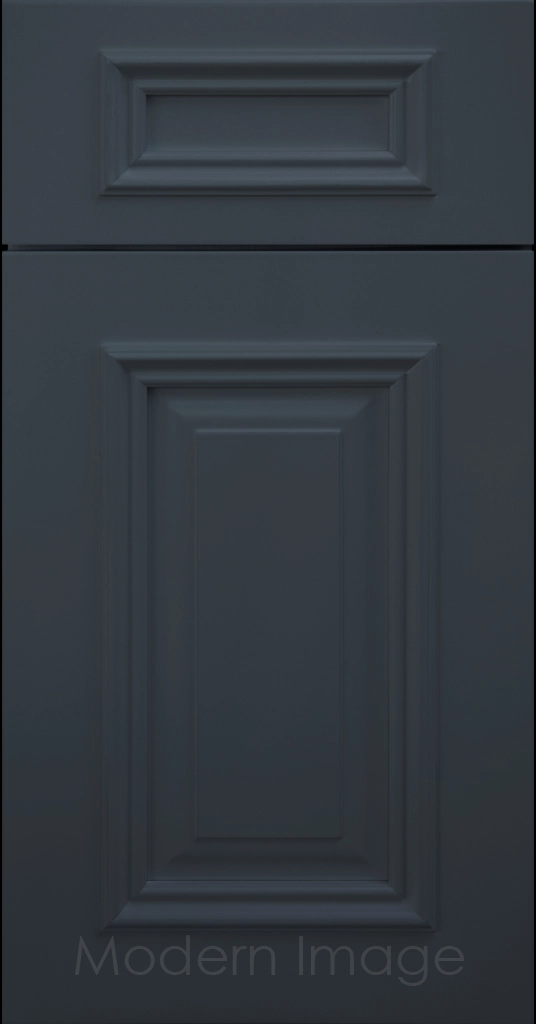 Heritage custom cabinets in a Naval finish with classic raised panel doors and modern flat slab drawers.